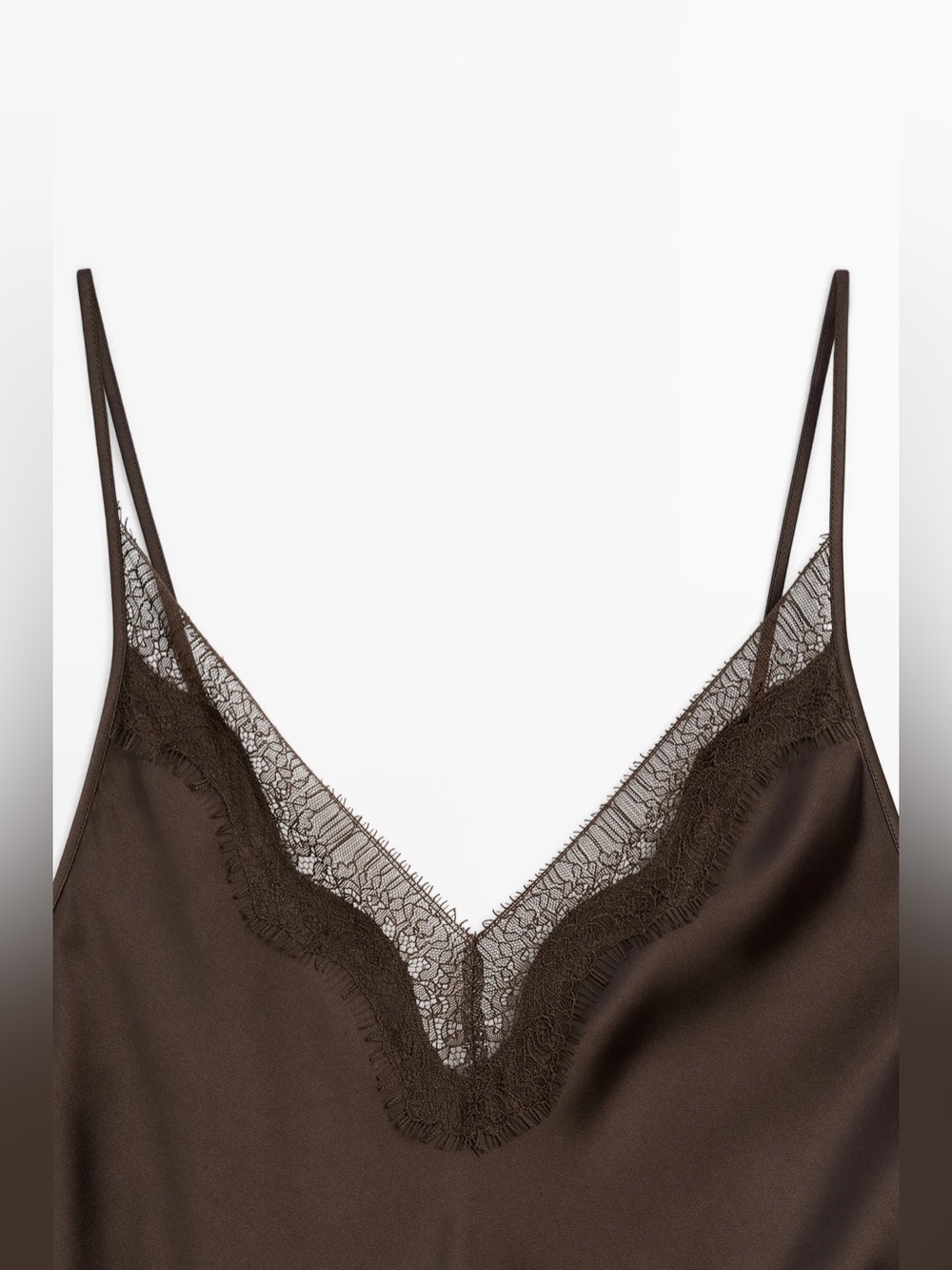 Massimo Dutti Satin Lace-Trim Slip Dress in Dark Brown - Picture 9 of 9